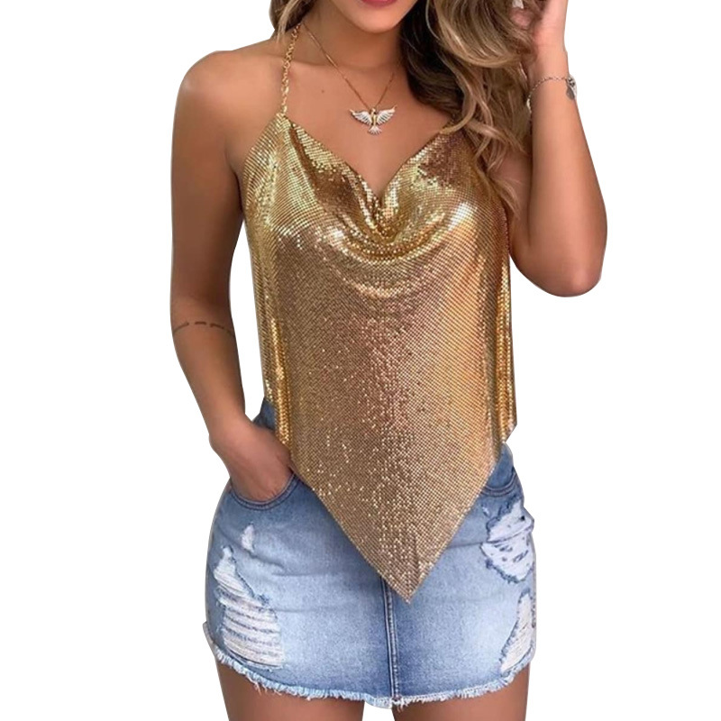 European And American Pure Color Sequins Backless Sleeveless Party Women's Shirt Camisole