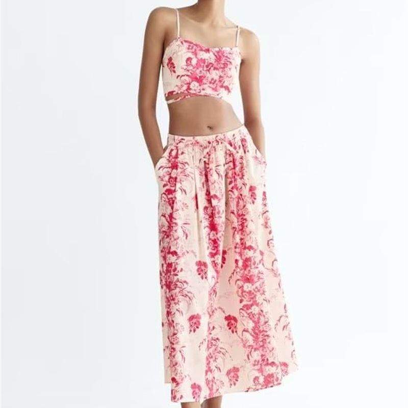 Girl Printed Stretch Sling Top Female Summer New High Waist Print A- Line Skirt Suit