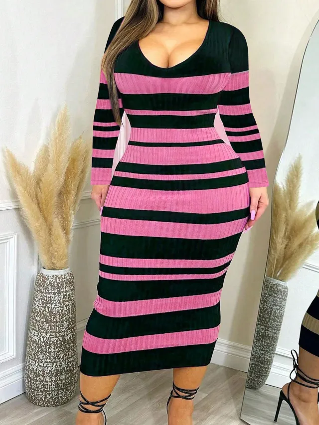 Figure flattering Striped Printed Ribbed Long sleeve Dress Rose - Shop at LoveMi