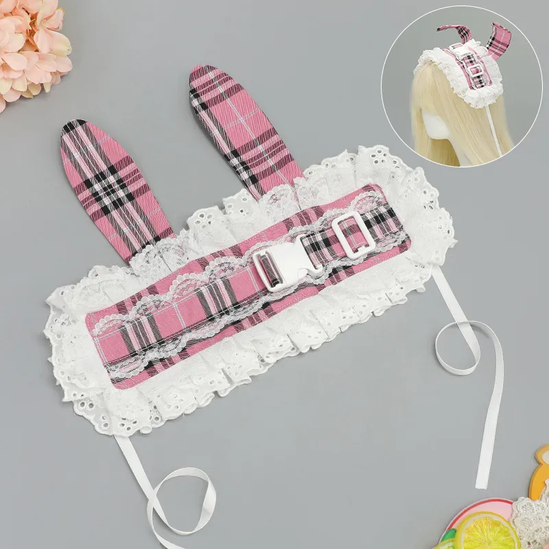 Ancient Early Pastoral Style Subculture Retro Plaid Release Buckle Hair Band - Lingge Rabbit Pink