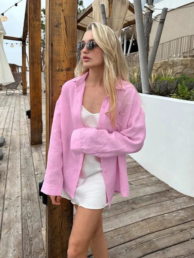 Women's Solid Color Casual Long Sleeves Cardigan Coat Blouse Pink - Shop at LoveMi