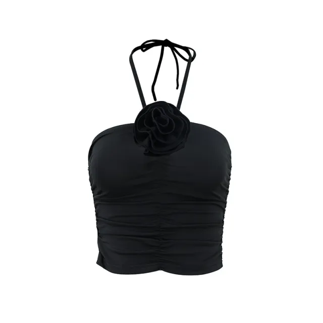 Women's Fashion Lace up Halter Three dimensional Flower Pleated Navel Vest Black - Shop at LoveMi