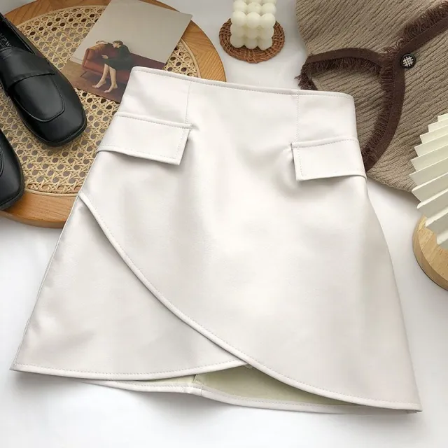 Irregular High Waist Faux Pocket A Line Skirt Women White - Shop at LoveMi