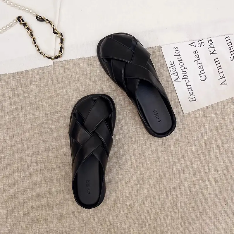Retro Soft-leather Closed-toe Slides For Women Summer Outdoor Wear