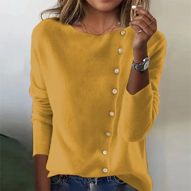 Round Neck Long Sleeve Button Sweater New Women Yellow - Shop at LoveMi