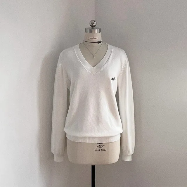 New Solid Color And V neck Top College Style Slim Fit Sweater White - Shop at LoveMi