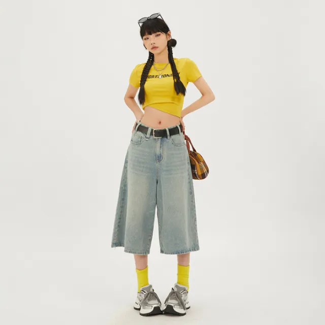 American Retro High Waist Loose Wide Leg Pants Versatile Cropped Pants Shorts Straight Light Blue Cropped Trousers - Shop at LoveMi