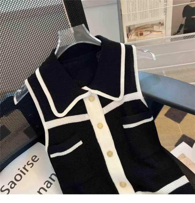 Classic Style Chic Contrast Color Lapels Sleeveless Knitwear Black - Shop at LoveMi