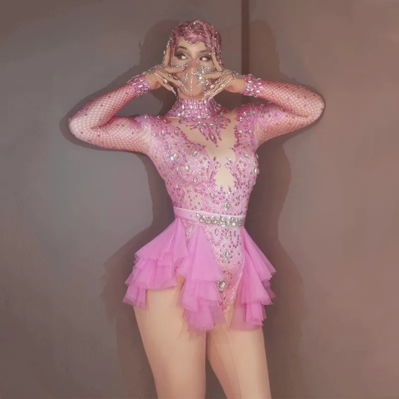 Dance Sexy Shiny Rhinestone Mesh Jumpsuit Stage