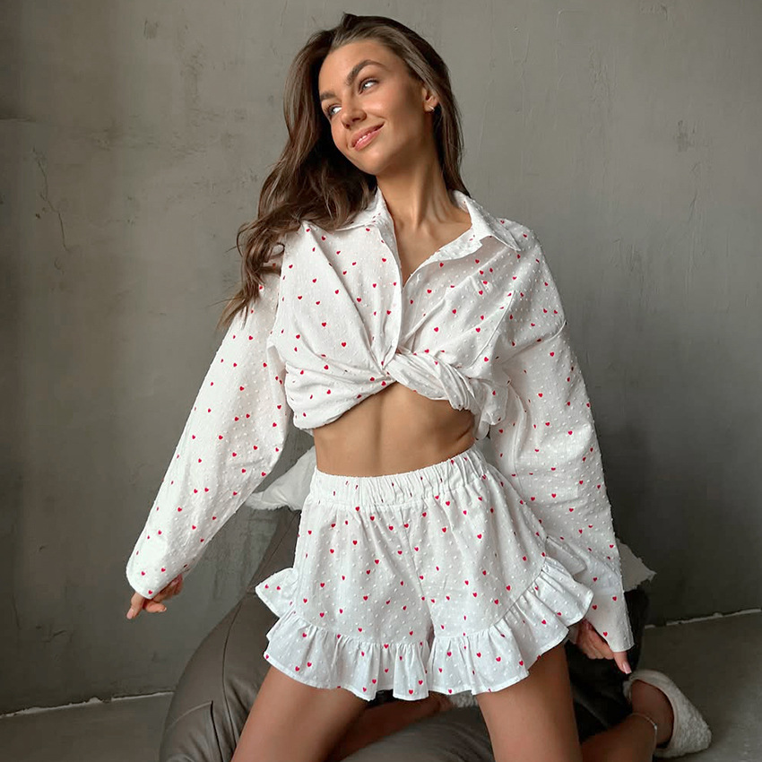 Womens SpringSummer 2-Piece Set Long-Sleeve Cotton Top And Shorts