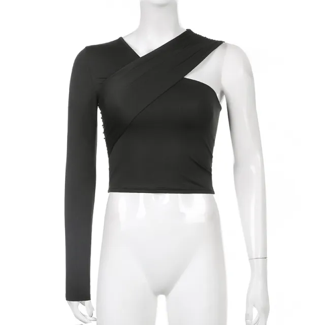 One Shoulder Asymmetric Solid Color Long sleeved Top Black - Shop at LoveMi