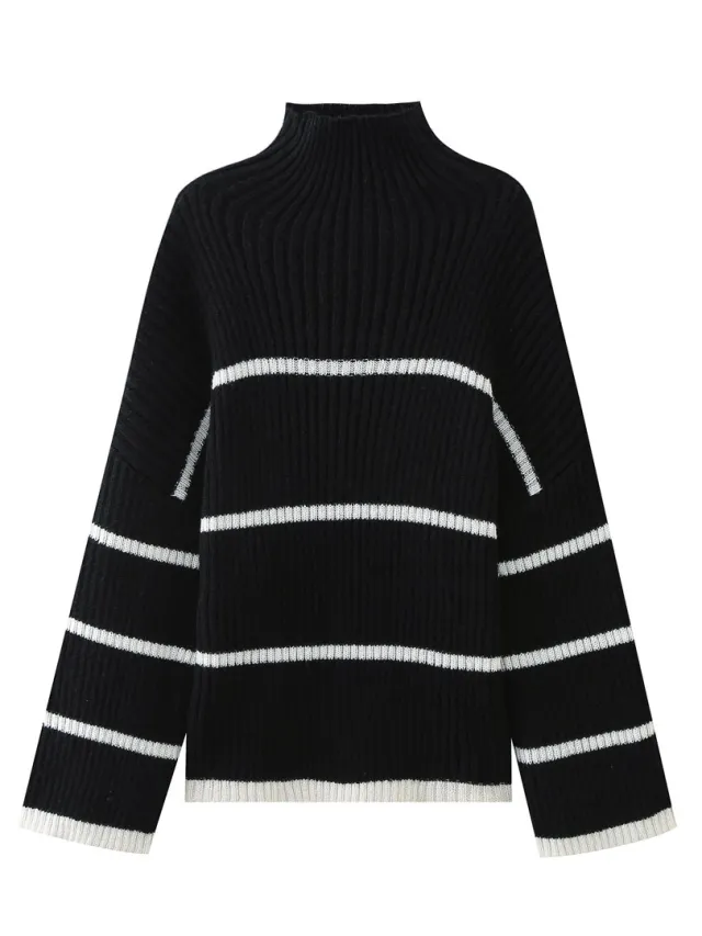 New Women's Striped Idle Style Turtleneck Knitting Sweater Black - Shop at LoveMi