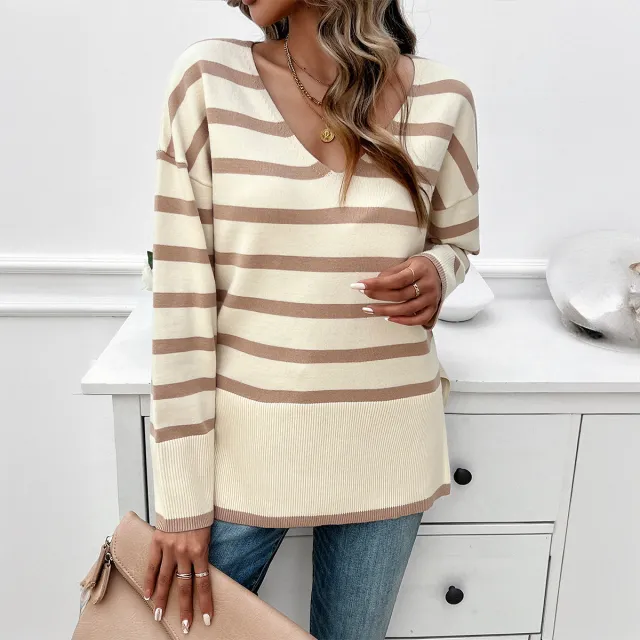 Women's Loose Contrast Color V neck Long Sleeve Sweater Beige - Shop at LoveMi