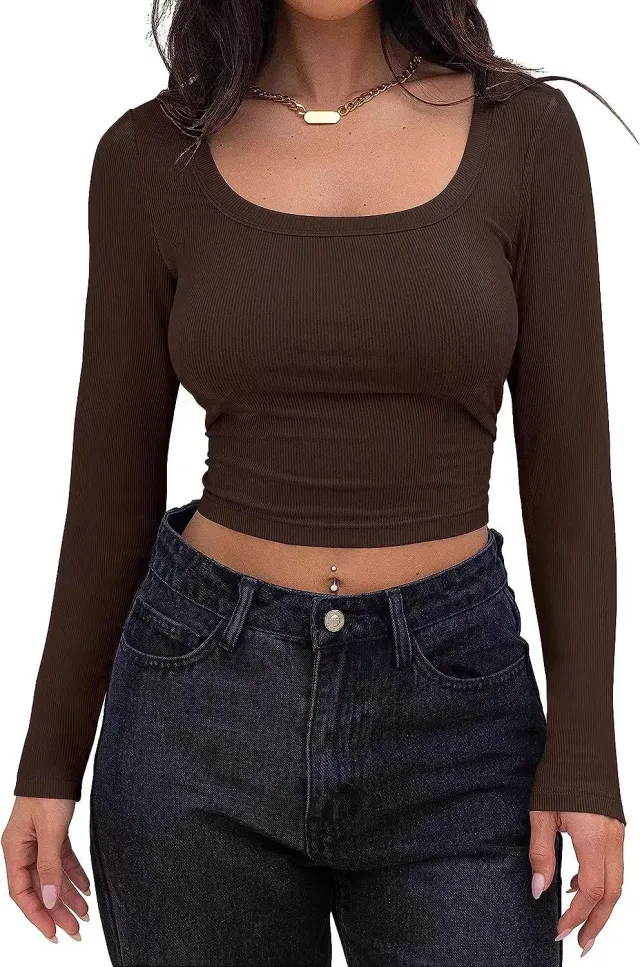 European And American Thread Sunken Stripe Slim fit Short Long Sleeve Square Neck T shirt Brown - Shop at LoveMi