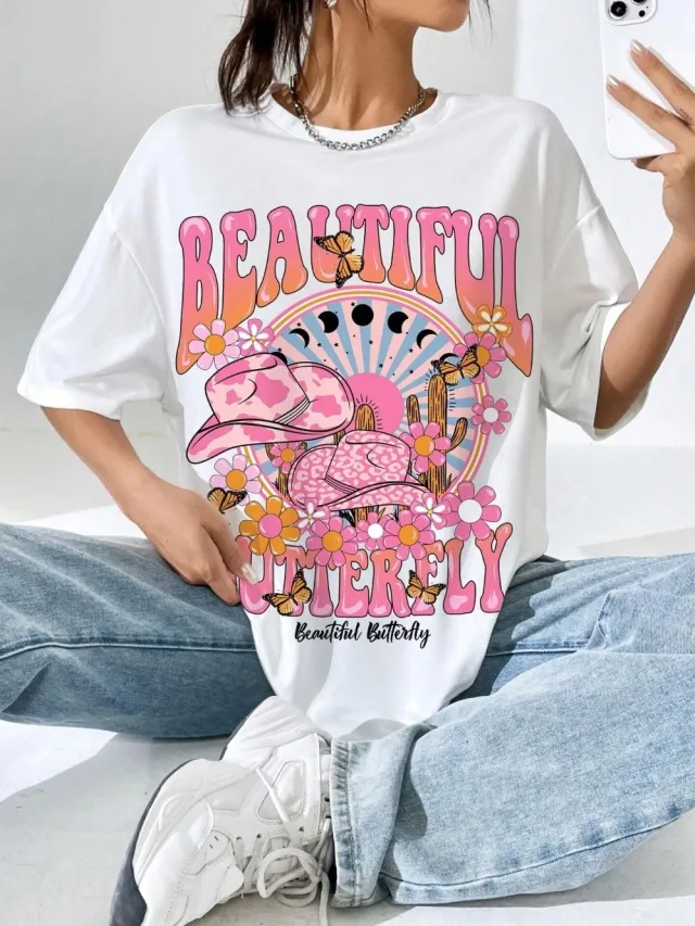 Women's World Printed T shirt Casual Loose White - Shop at LoveMi