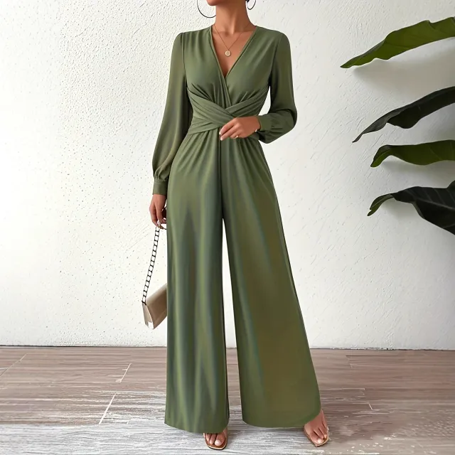 Women's Elegant V Neck Cross Tie Waist Jumpsuit Green - Shop at LoveMi