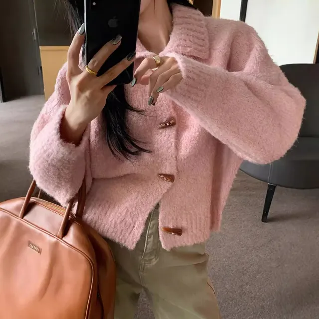 Soft And Comfortable Loose Short Thickened Horn Button Sweater Pink - Shop at LoveMi