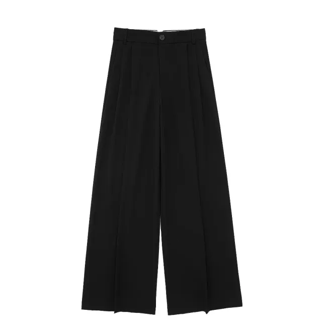 Solid Color Street Fashion Loose Casual Draping Wide leg Pleated Trousers Black - Shop at LoveMi