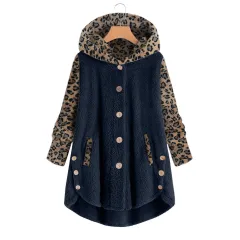 Autumn And Winter Button Long Sleeve Leopard Splicing Hooded Plush Coat For Women - Navy Blue - View 1