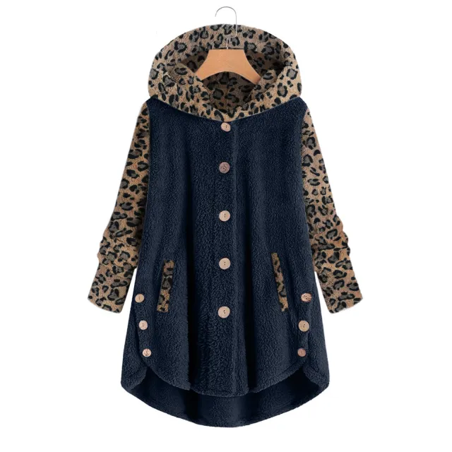 Autumn And Winter Button Long Sleeve Leopard Splicing Hooded Plush Coat For Women Navy Blue - Shop at LoveMi