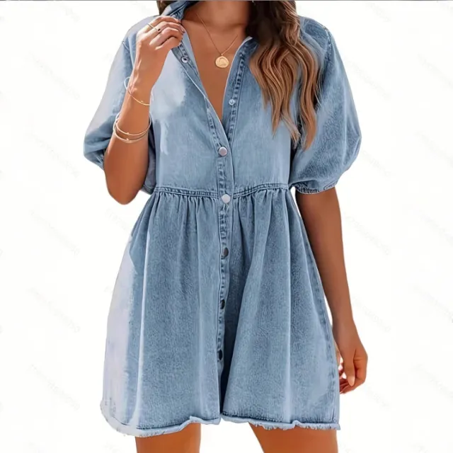 Washed Denim Lapel Loose Dress Skirt Blue - Shop at LoveMi
