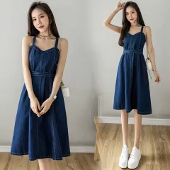 Summer Plus Size Waist Trimming Denim Suspender Skirt - Blue - View 1