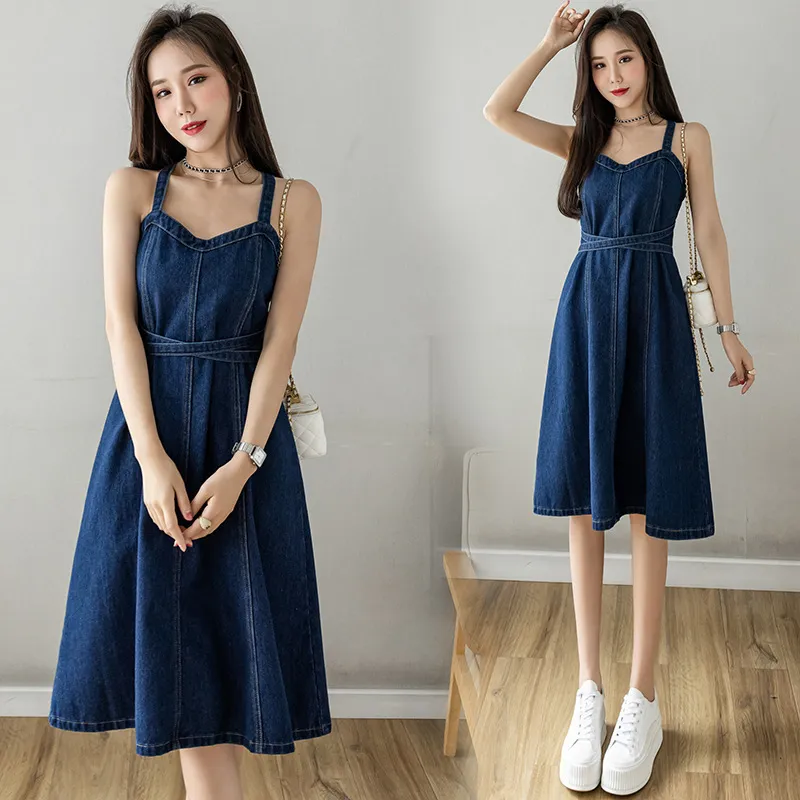 Summer Plus Size Waist Trimming Denim Suspender Skirt - Blue