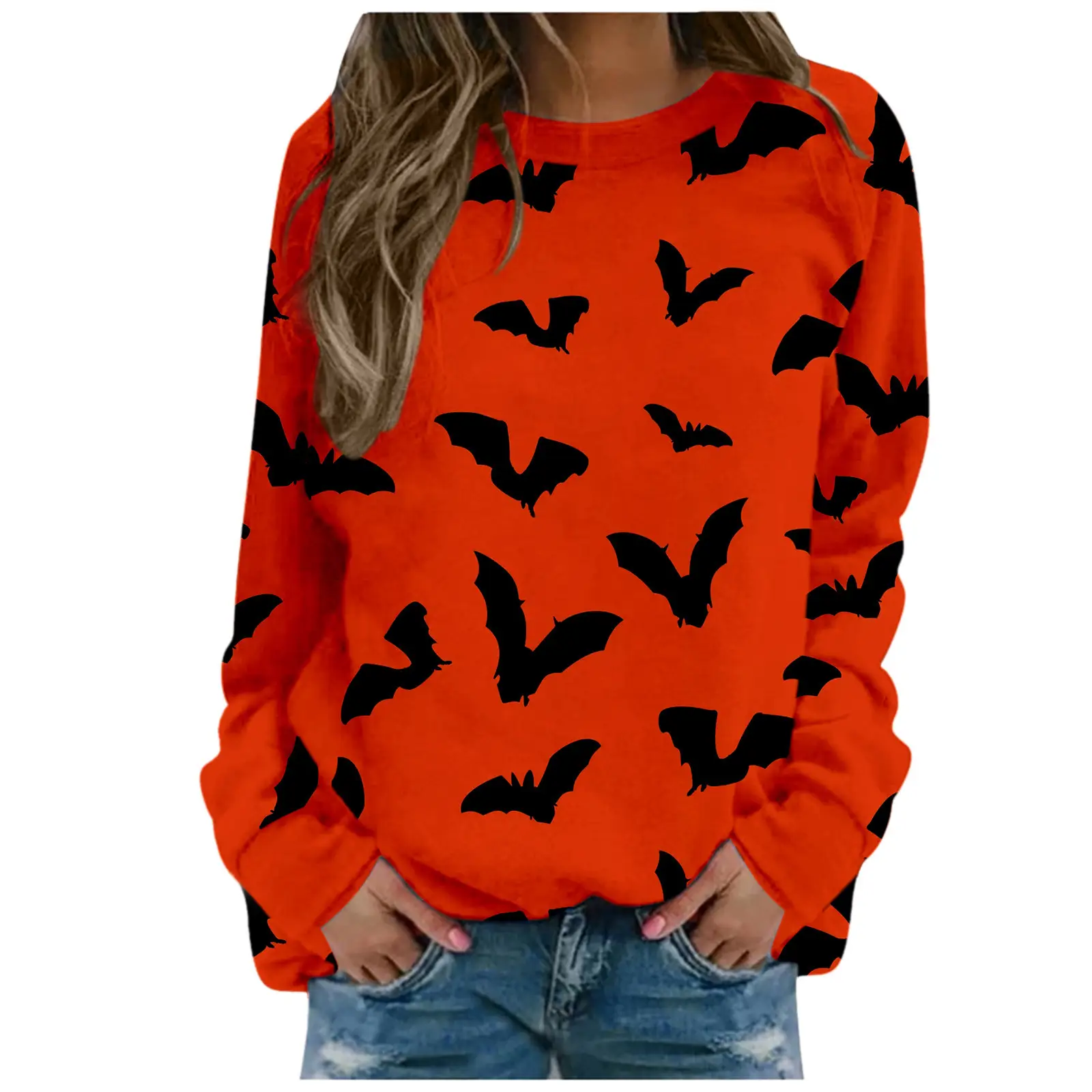 Halloween Pumpkin Head Bat Funny Sweater Women's Round Neck Pullover Print Long Sleeve
