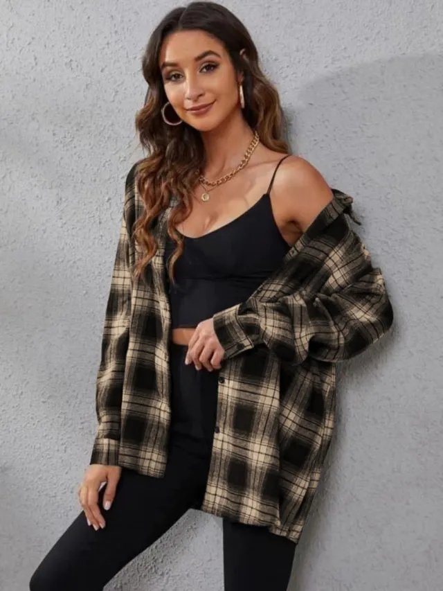 Women's Fashion Plaid Cardigan Loose Shirt Camel - Shop at LoveMi