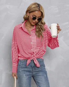 Lapel Plaid Colorblock Loose Casual Shirt - Red - View 1