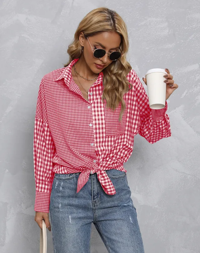 Lapel Plaid Colorblock Loose Casual Shirt Red - Shop at LoveMi