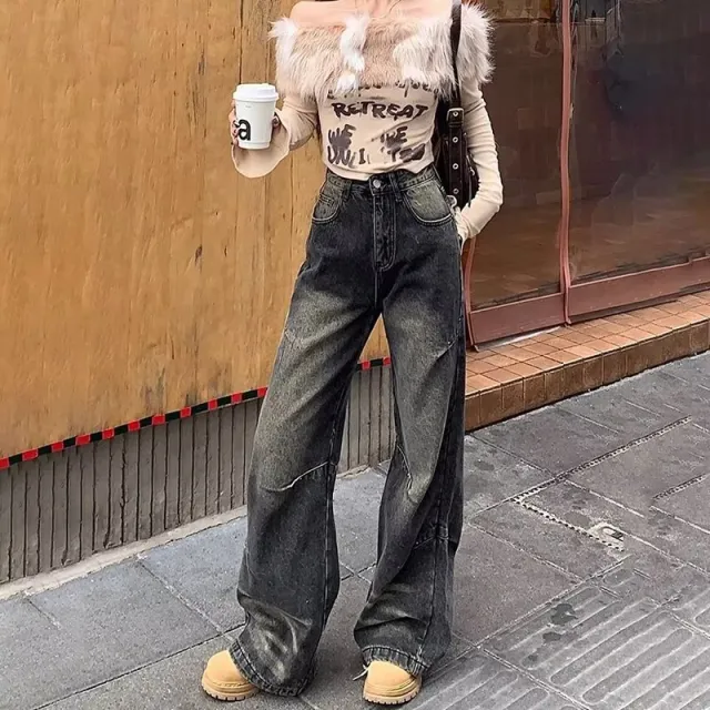 American style Retro Washed Gradient Wide leg All matching Casual Straight leg Mop Pants Black And Gray - Shop at LoveMi