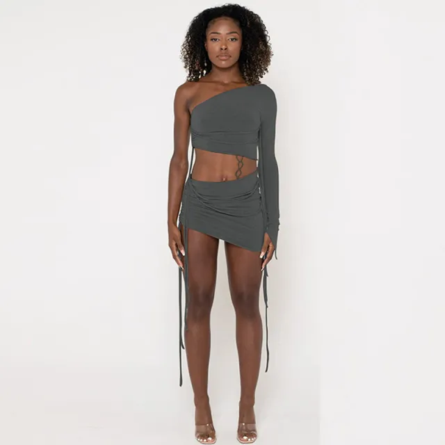 One Shoulder Midriff baring Top Side Drawstring Skirt Suit Gray - Shop at LoveMi