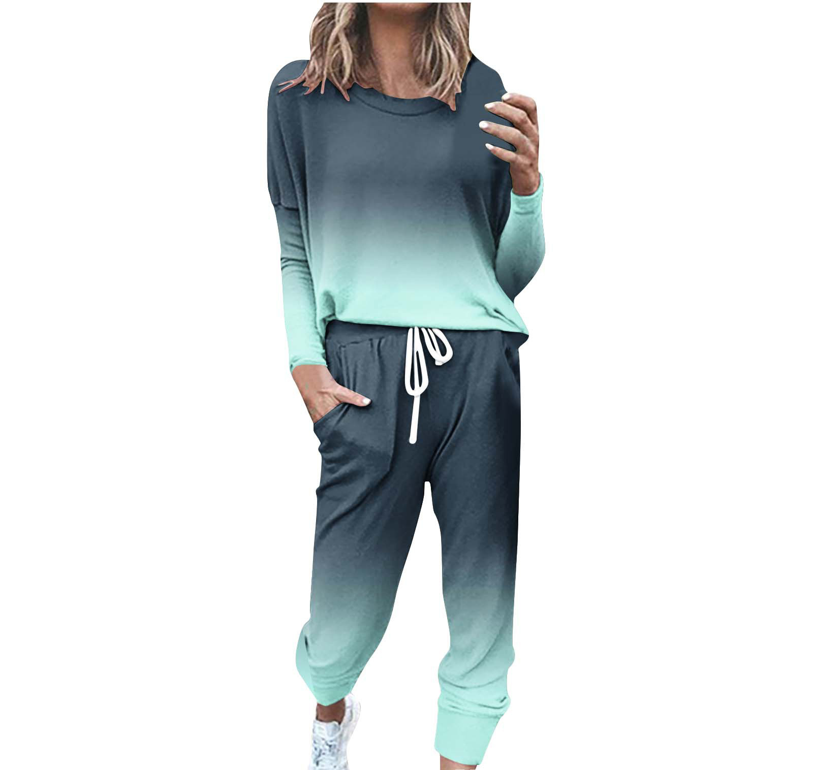 Striped Contrast Color Slim Long Sleeve Top High Waist Straight Wide Drawstring Pocket Trousers Suit