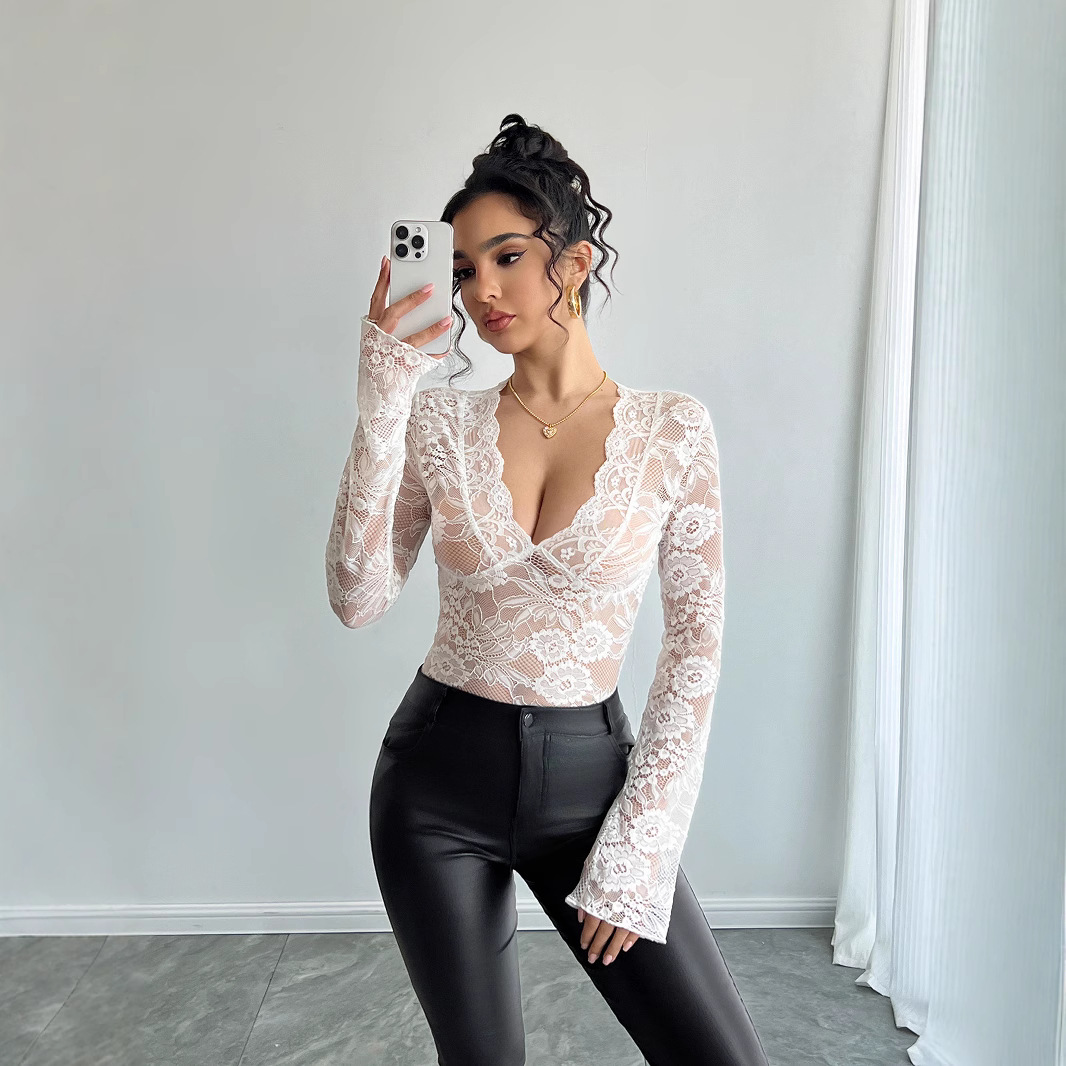 Solid Color Sexy Lace Slim V-neck Long Sleeve