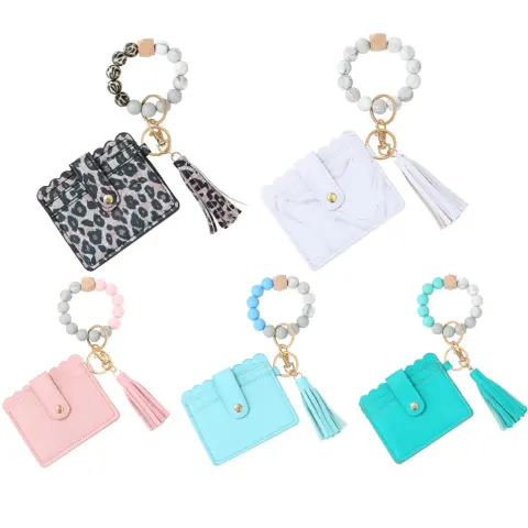 Women's Silicone Beads PU Tassel Bracelet Keychain