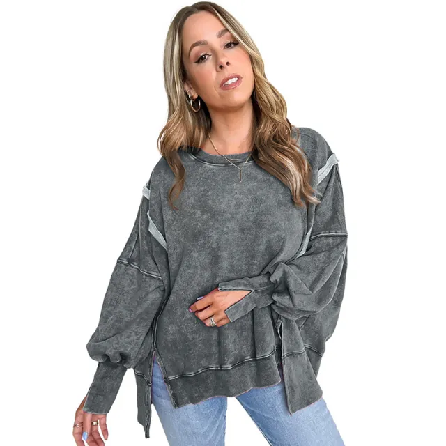 Solid Color Pullover Sweatshirt Women's European And American Loose Design Gray - Shop at LoveMi