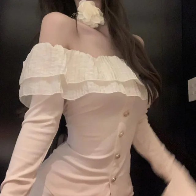 Off shoulder Long sleeved T shirt Women's Ruffled Patchwork Top Apricot - Shop at LoveMi