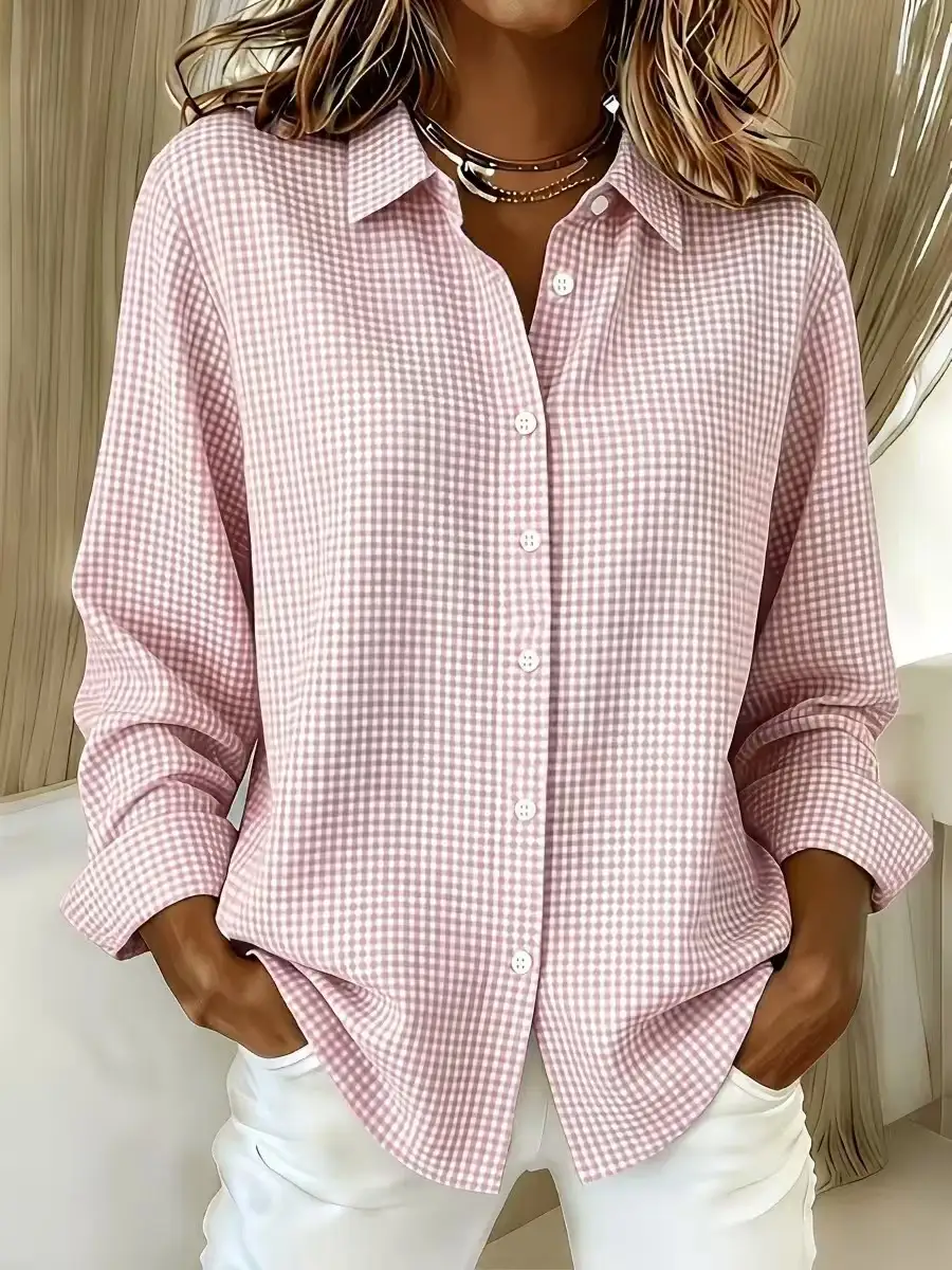 Versatile Lapel-collar Long-sleeve Plaid Shirt
