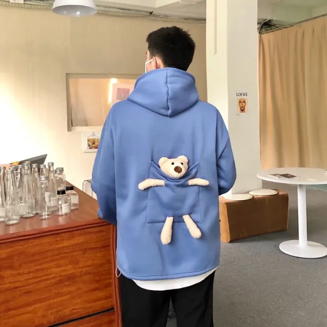 Fleece lined Thick Loose Mid length Bear Long sleeved Sweater Blue - Shop at LoveMi