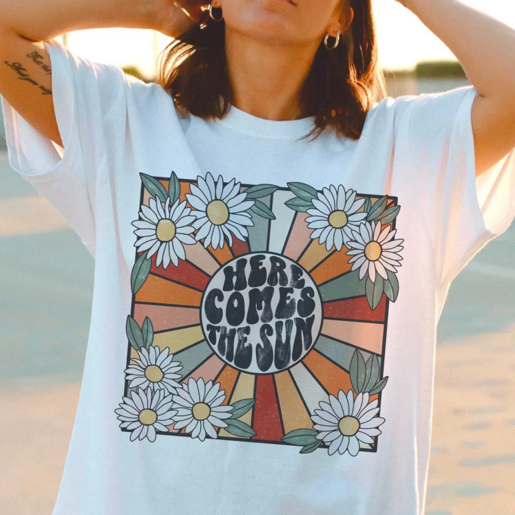 Women's Casual Heat Transfer Patch Printed Loose Round Neck Short Sleeve - White
