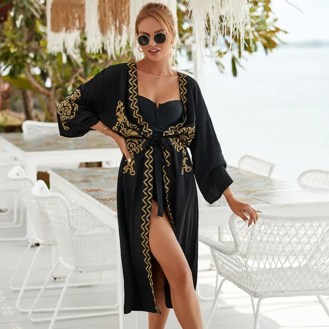 Beach Cover up Rayon Embroidered Holiday Women's Cardigan Sun Protection Shirt Bikini Cover Black - Shop at LoveMi