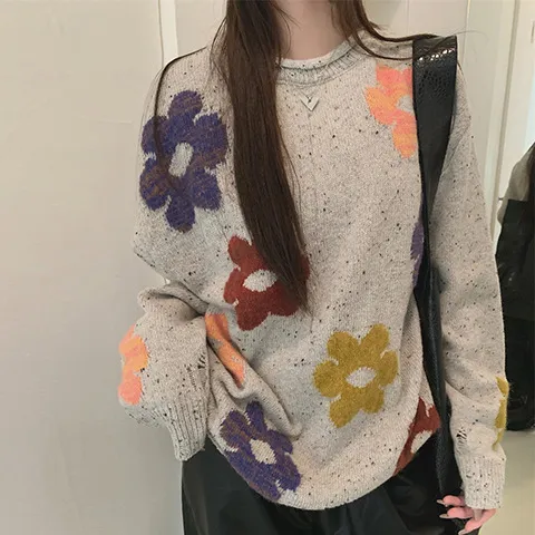 Pullove Round Neck Flower Mid length Loose Sweater Beige - Shop at LoveMi