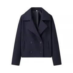 Fashion Casual Plus Size Lapel Double Breasted Woolen Coat Top - Navy Blue - View 1