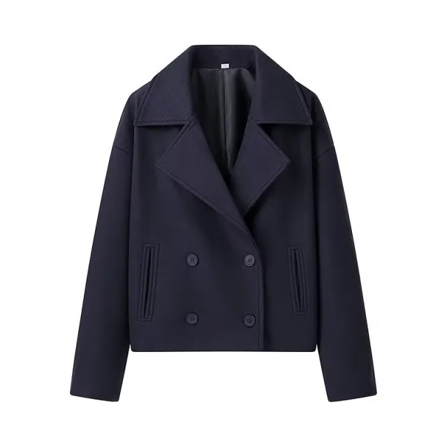 Fashion Casual Plus Size Lapel Double Breasted Woolen Coat Top Navy Blue - Shop at LoveMi