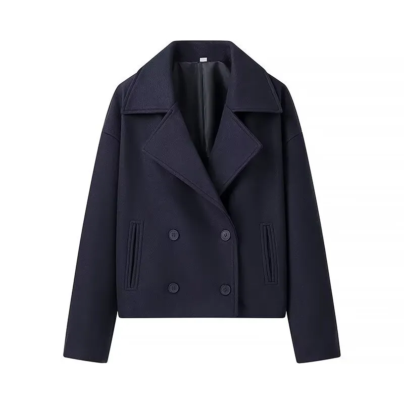 Fashion Casual Plus Size Lapel Double Breasted Woolen Coat Top - Navy Blue