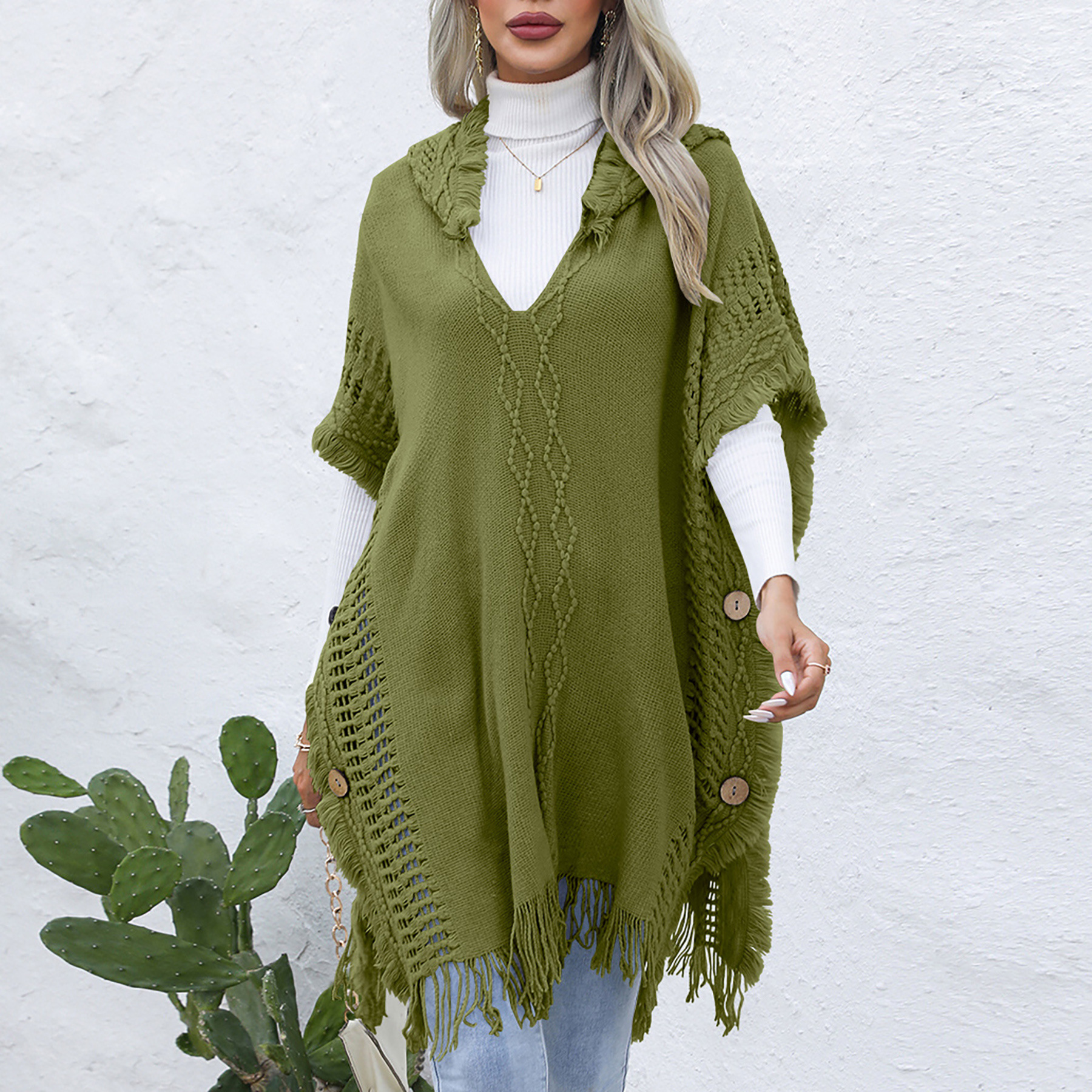 V neck Hooded Pullover Mid length Sweater Army Green - Shop at LoveMi