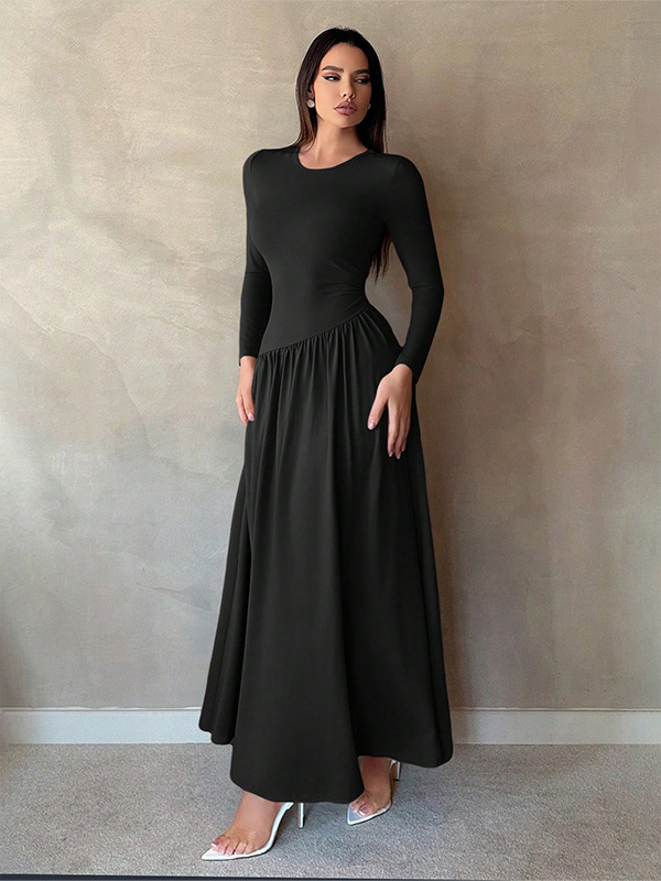 Base Pleated Solid Color Long Dress Black - Shop at LoveMi