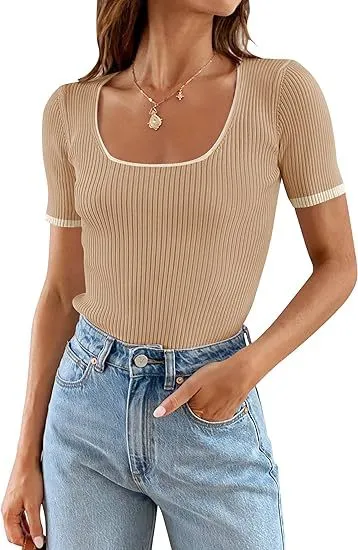 Square Collar Basic Short Sleeve T shirt Casual All matching Tops Dark Khaki Cloth Color - Shop at LoveMi