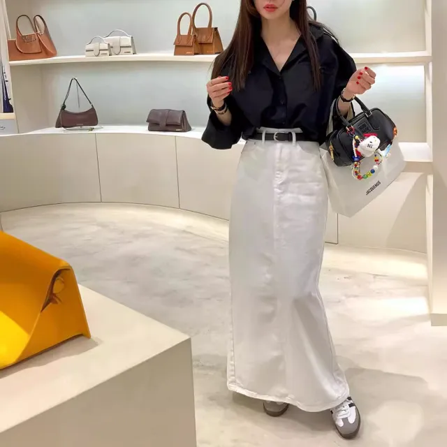 Fashion Korean Style Pure Color Slimming High Waist Back Denim Skirt White - Shop at LoveMi